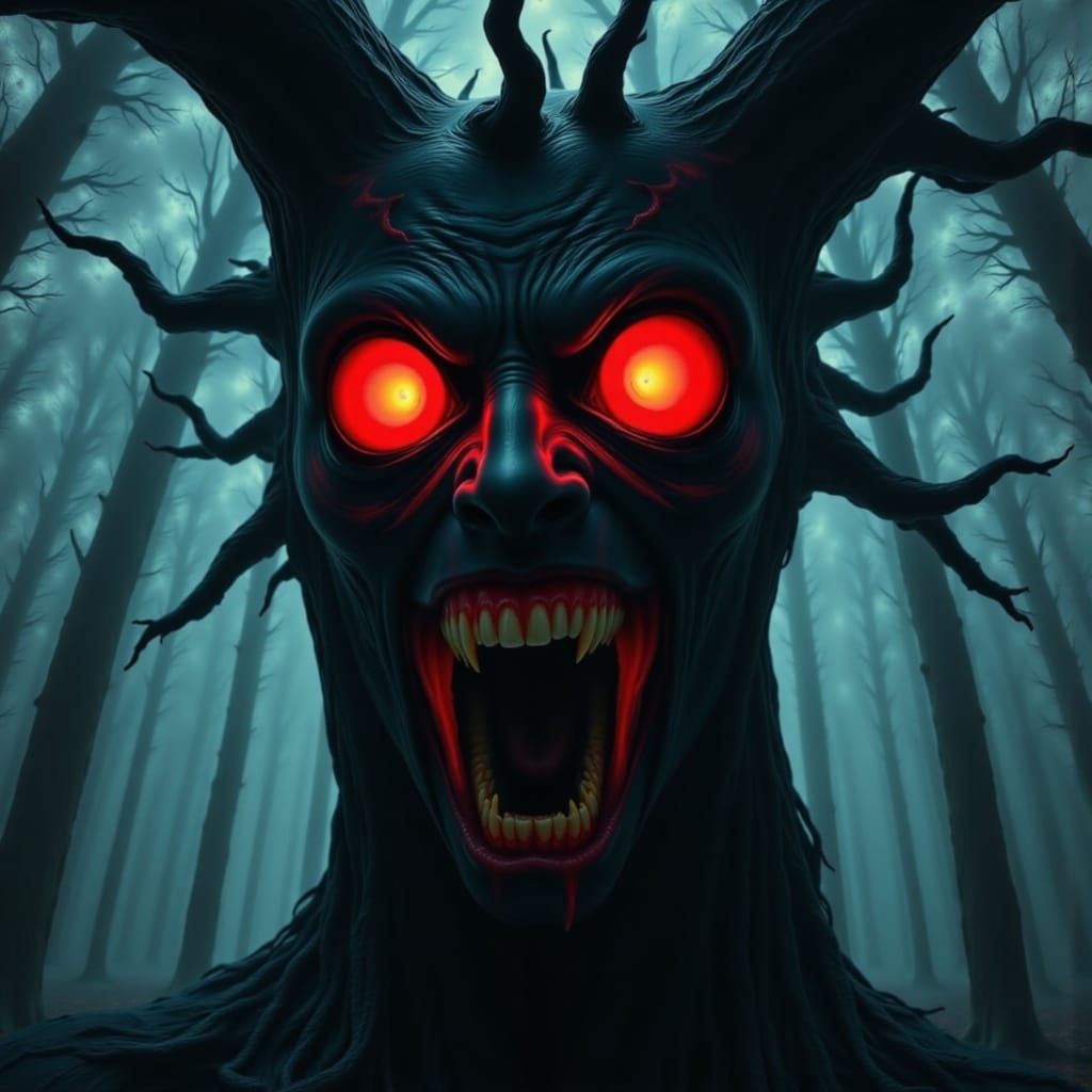 Giant Red Eyes Hanging From Haunted Tree