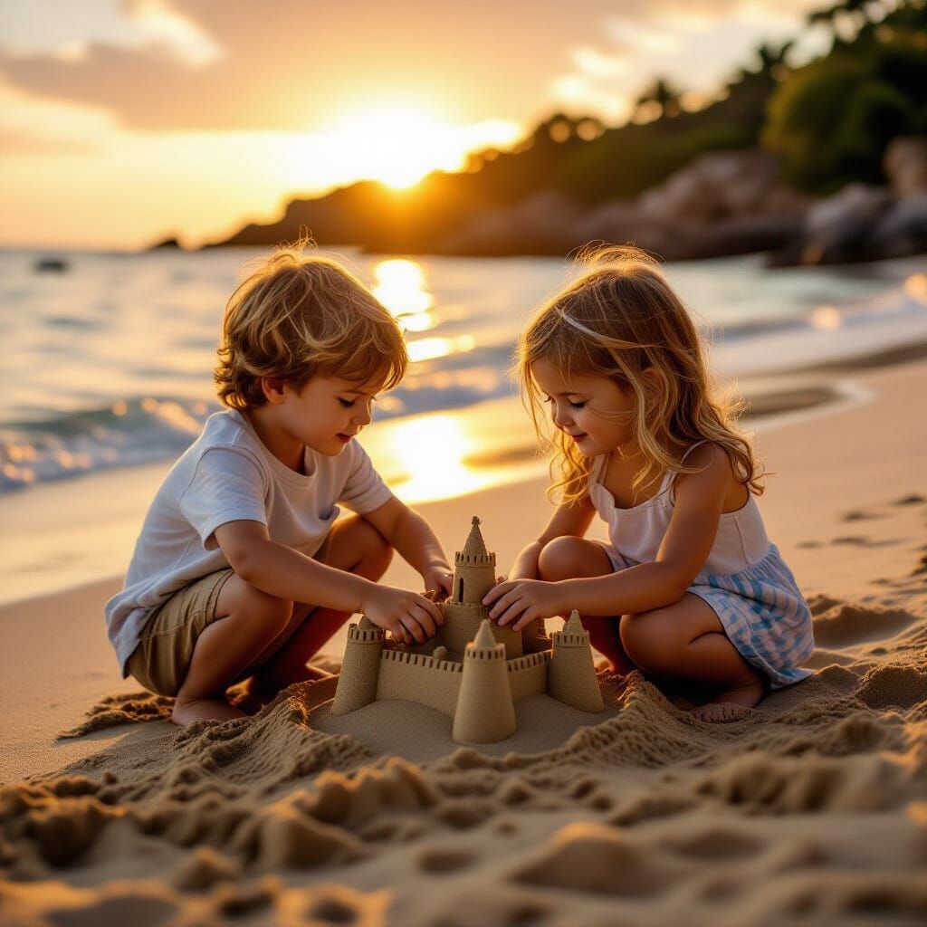 Children Building Sandcastle at Sunset, Cinematic Film Style