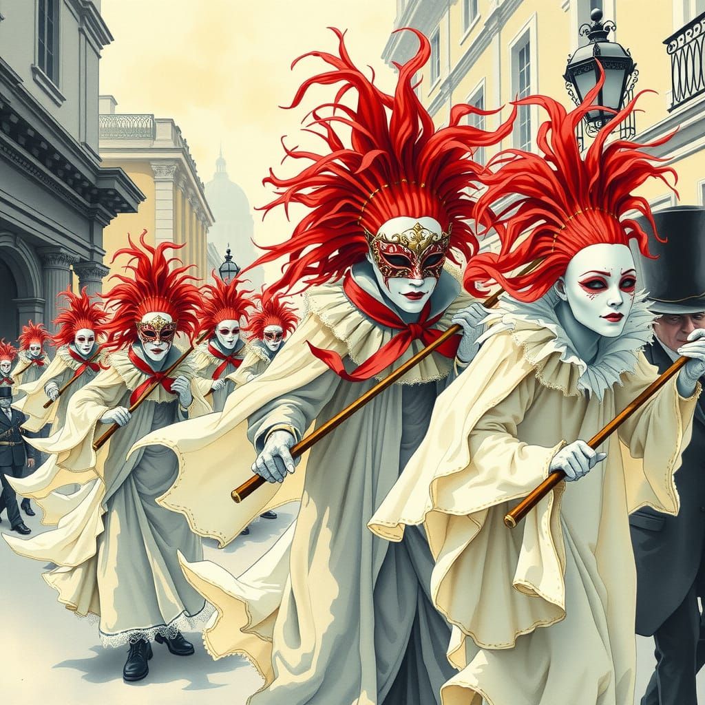 Festival Parade flotting Ghosts Resplendent Masks Costume New-Orleans Inked Watercolor Artemisia Gentileschi René Magrit...