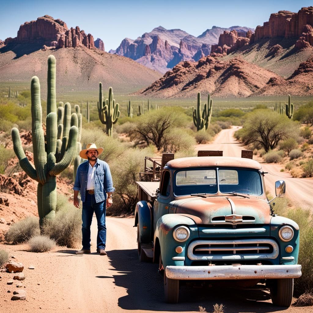Man and Old Truck in Arizona Desert Landscape