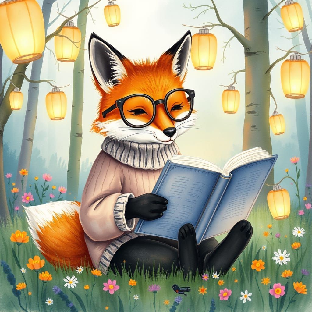 Fox Reading Book in Whimsical Watercolor Forest