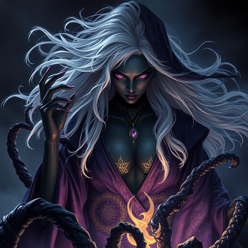 Dark Fantasy Drow Sorceress in Velvety Shadows