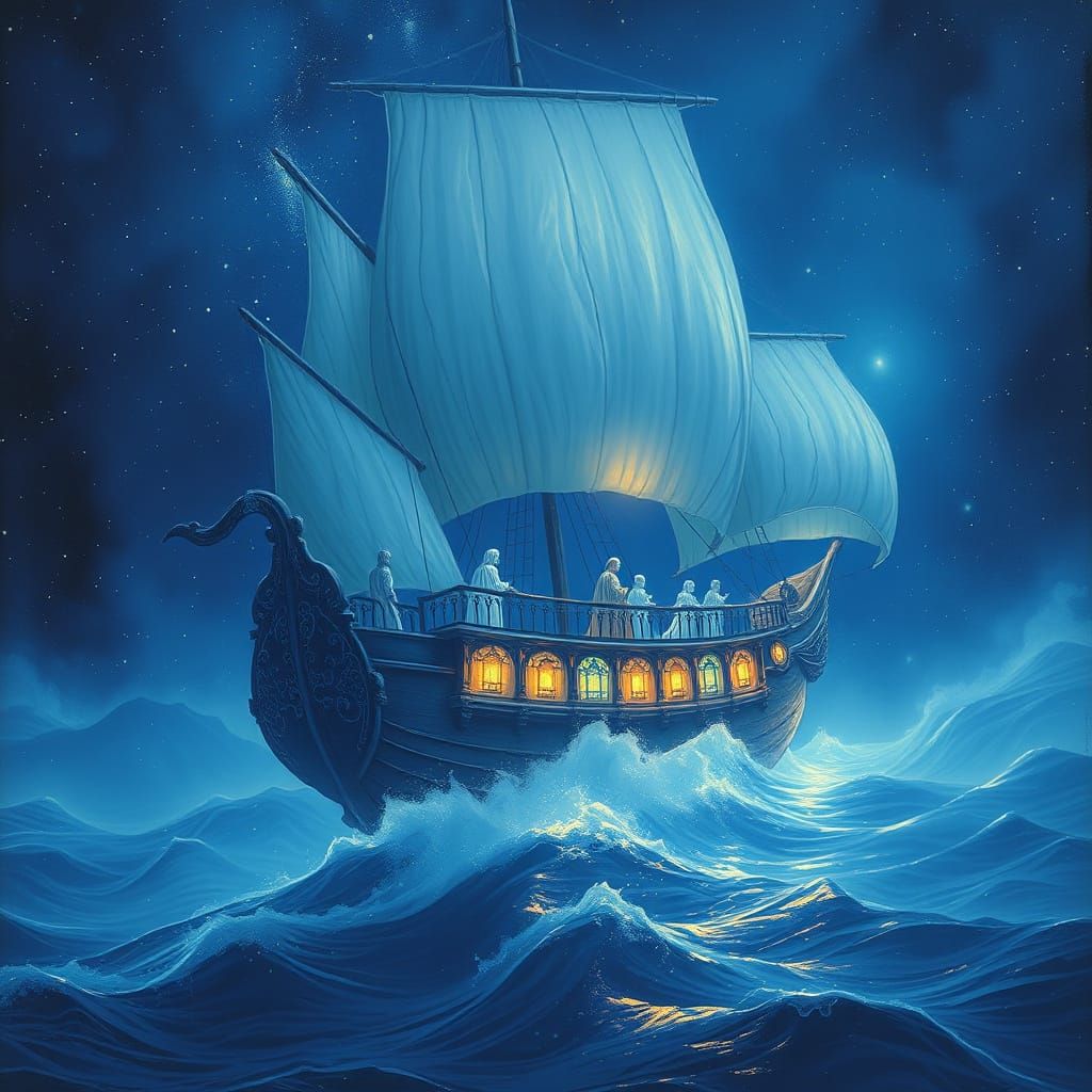 Majestic Ghost Ship Sails Cosmic Sea in Ethereal Fantasy