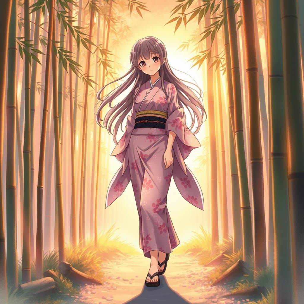 Whimsical Anime Girl Strolls Through Bamboo Forest at Sunset