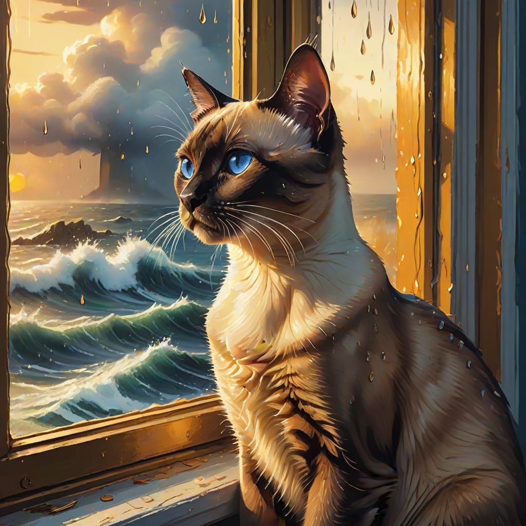 Siamese Cat in Lighthouse Window During Storm