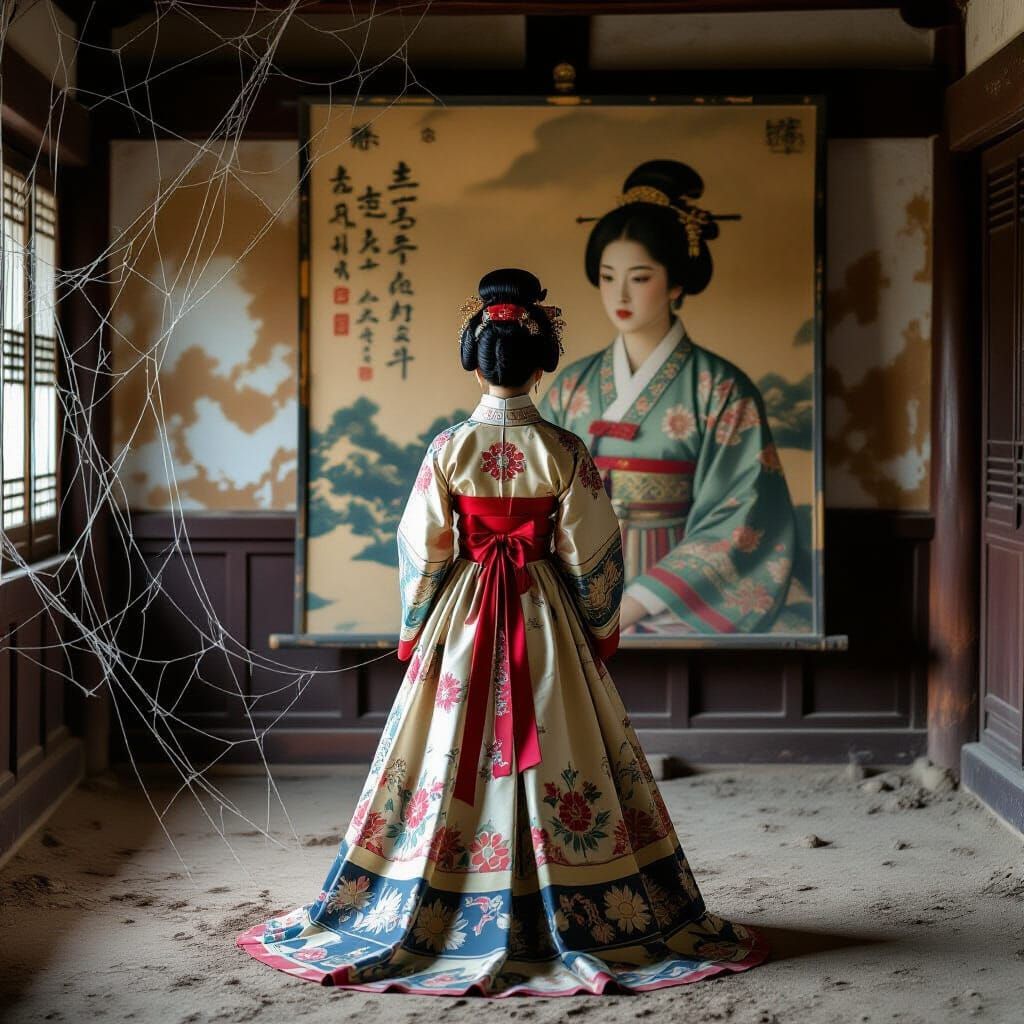 Korean Queen in Ancient Room, Traditional Art Style