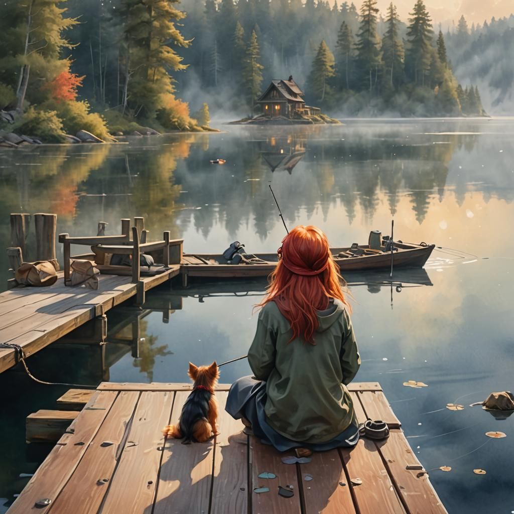 Girl Fishing at Dawn: Whimsical Fantasy Art