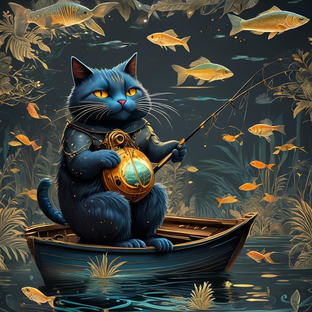 Whimsical Blue Cat Fishing at Tropical Beach