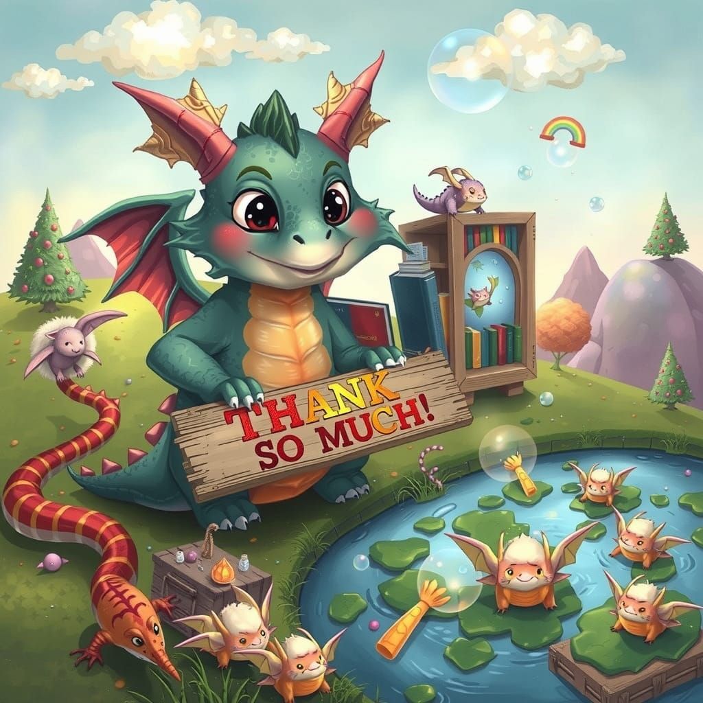Whimsical Dragon Thank You Scene in Pastel Colors