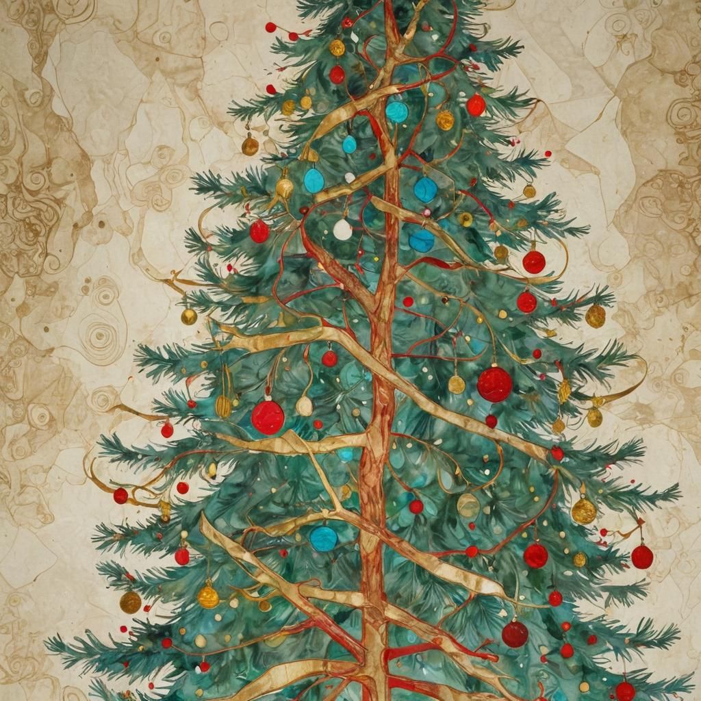 Decorated Christmas Tree in Alcohol Ink Style