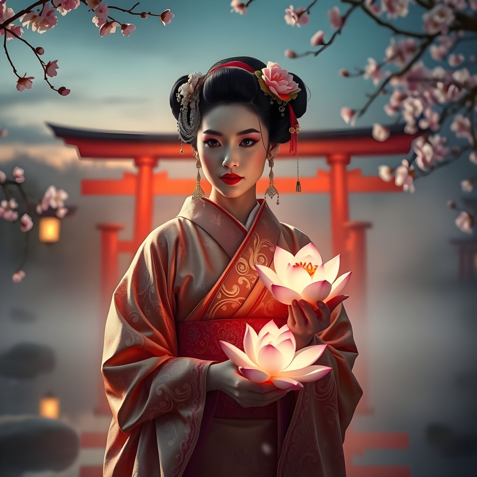 Mystical Geisha in Dreamlike Japanese Garden at Twilight