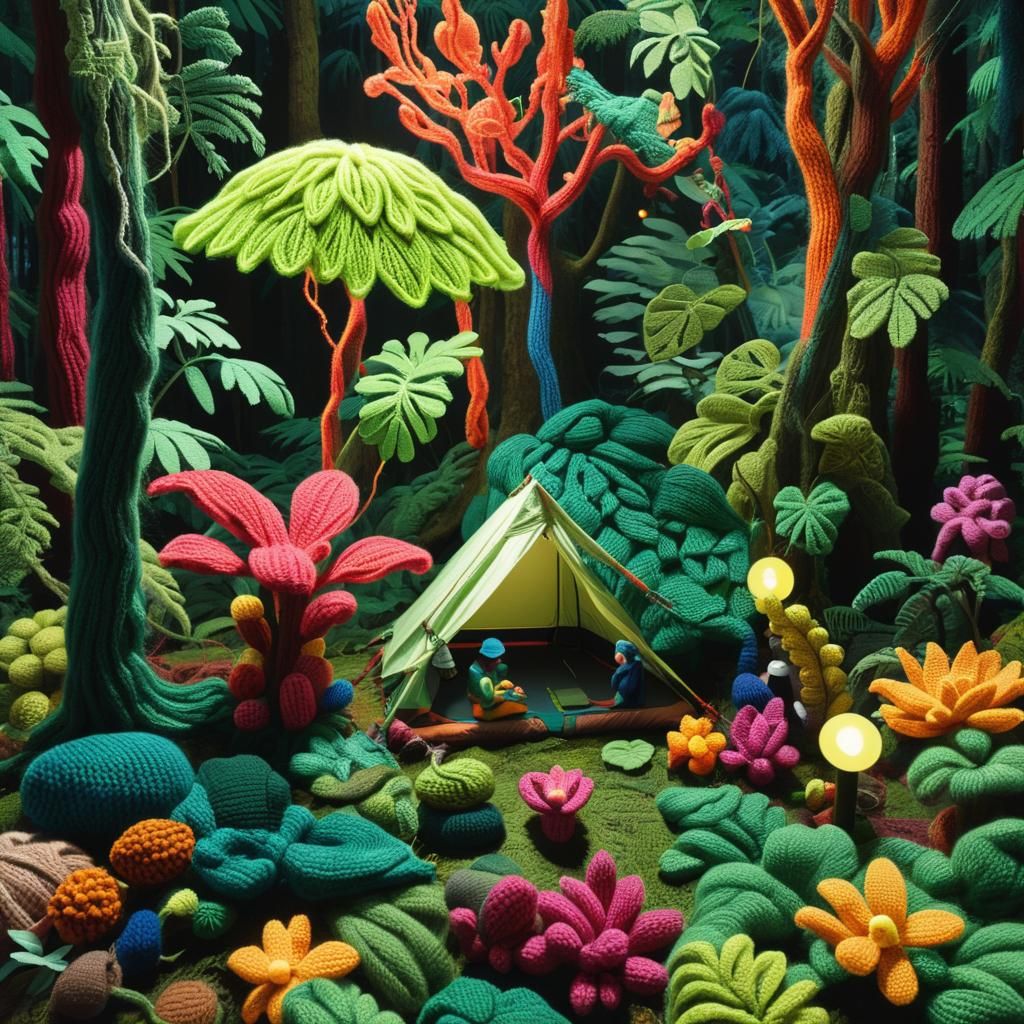 Biologist in Technicolor Rainforest with Knitted Botanicals