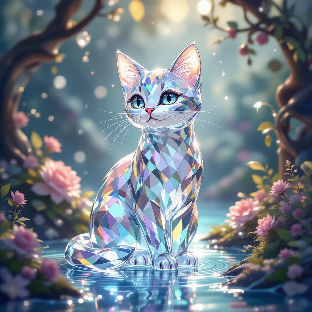 Crystal Cat Figurine in Whimsical Fantasy Scene