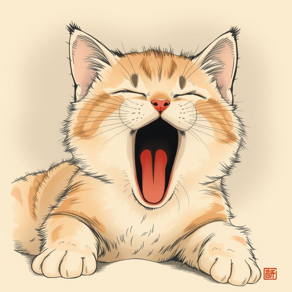 Cozy Kitten Yawn in Matsumoto Hoji Ink Style