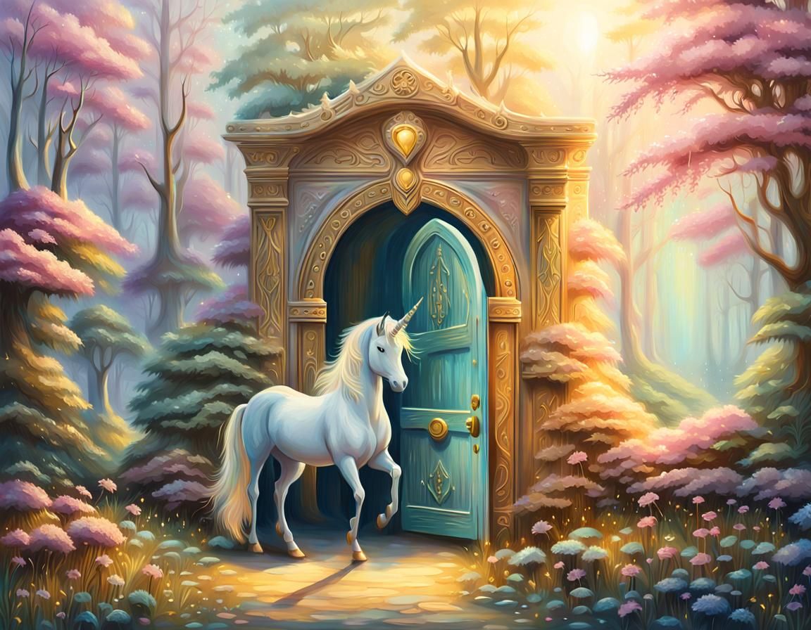 Unicorns Guard a Magic Door: Fantasy Oil Painting