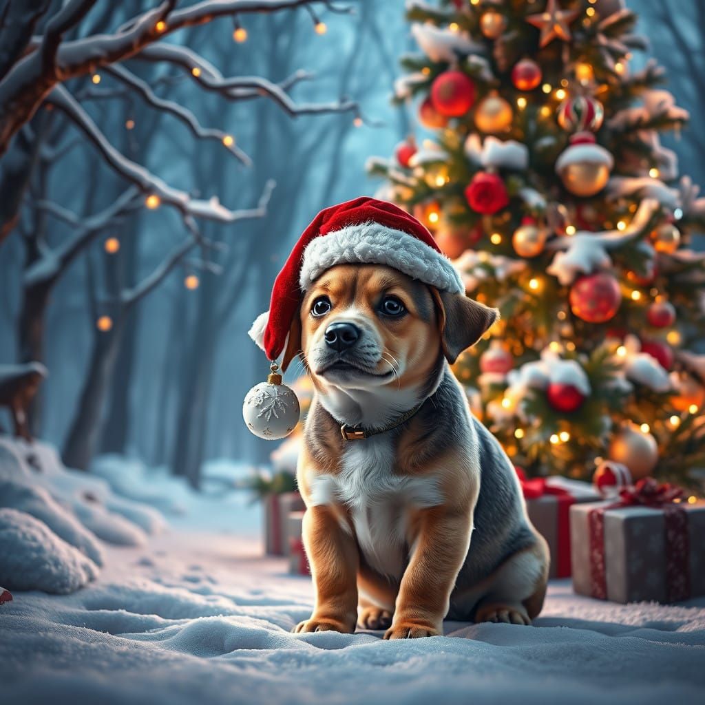 Whimsical Christmas Scene with Dog in Santa Hat