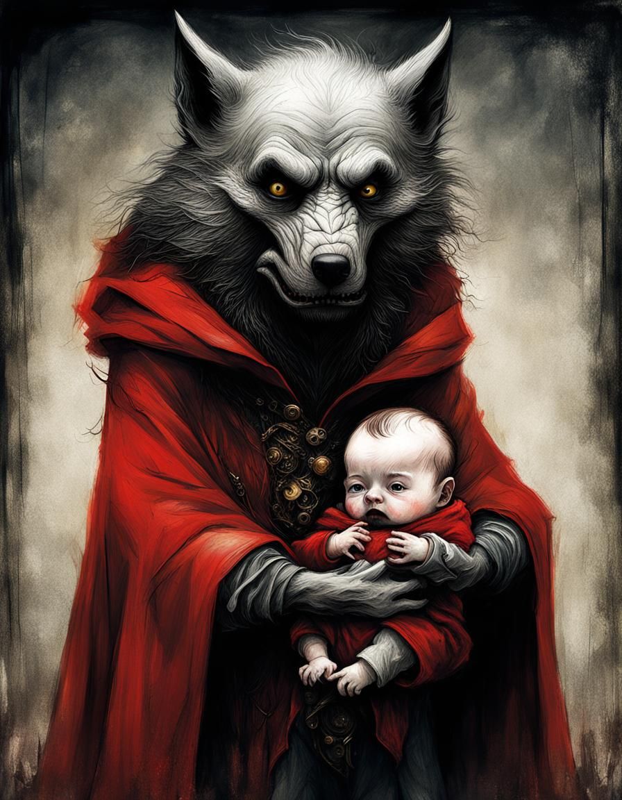 Werewolf and Baby in Red Cloak: Surrealist Portrait