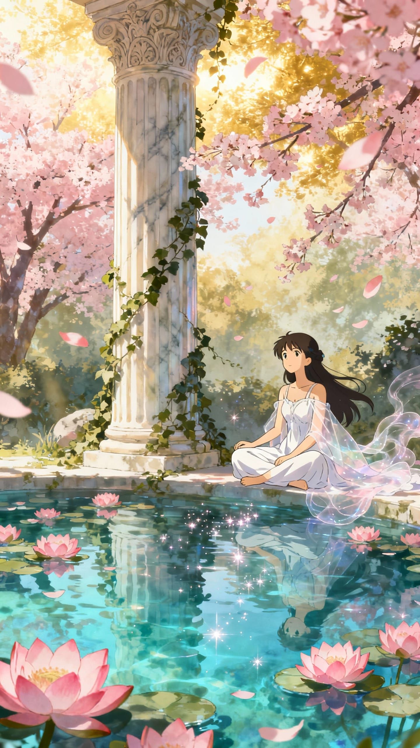Anime Spring Sanctuary with Woman by Lotus Pond