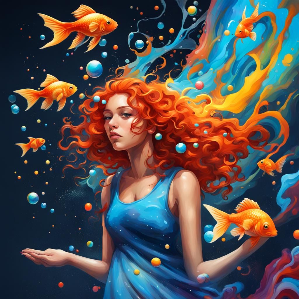 Girl with Goldfish in Galaxy of Rainbow Bubbles