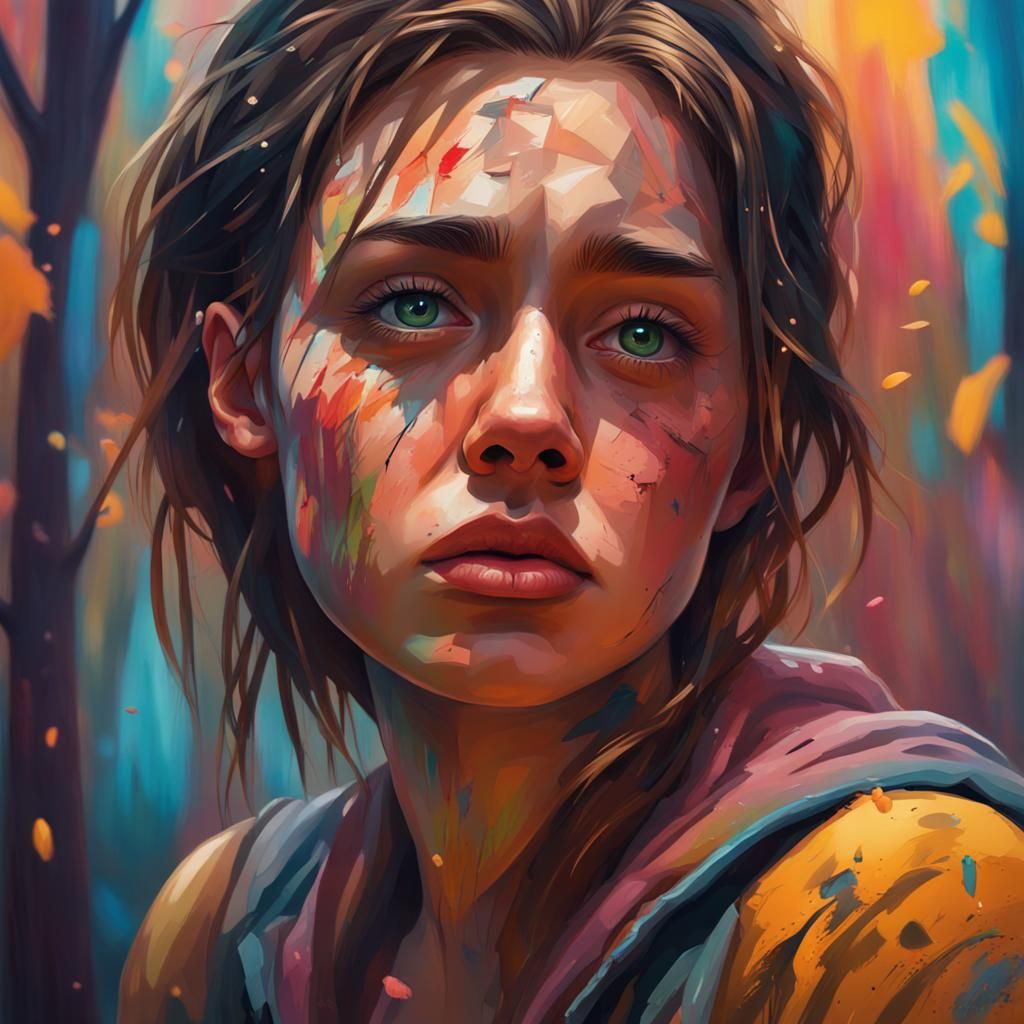 Sad Girl Amidst Joyful People: Hyperrealistic Forest Scene