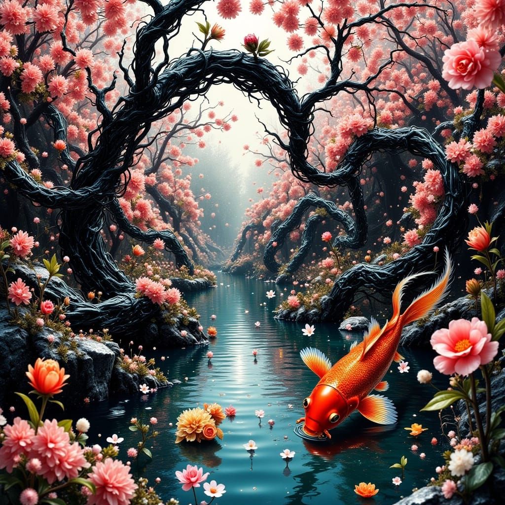 Koi Fish in Biomechanical Japanese Garden Art