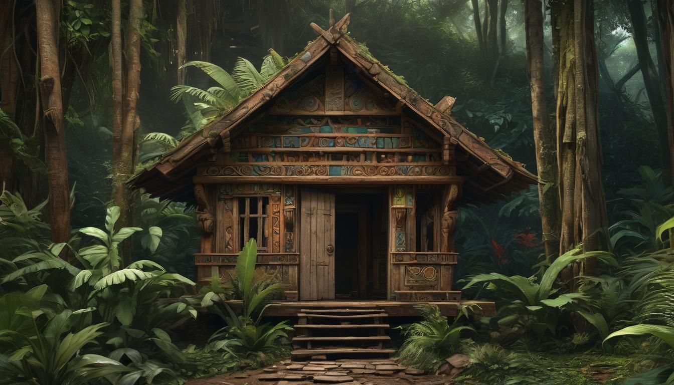 Surreal Aztec Jungle Wood Hut with Glowing Eyes and Toothed....