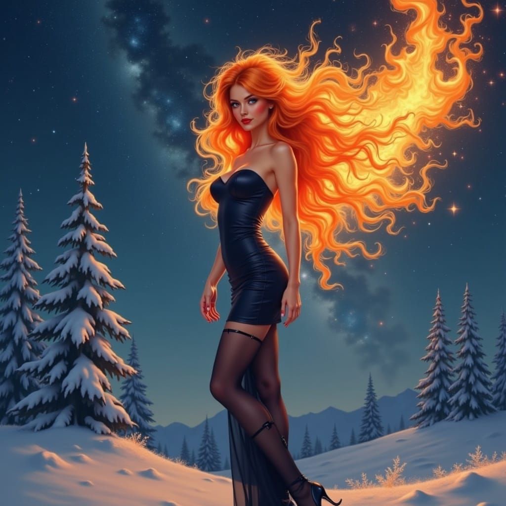 Celestial Winter Goddess Standing on a Snowy Hill