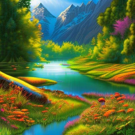Lush Gothic Valley with Turquoise River, Hyperdetailed Art