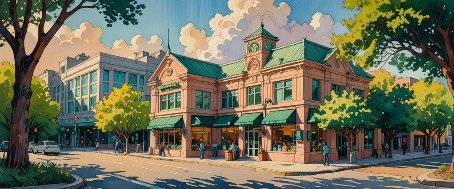 Starbucks Building in Watercolor Comic Style