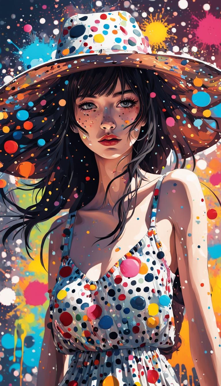 Anime Woman in Polka Dots: Surreal Splatter Art