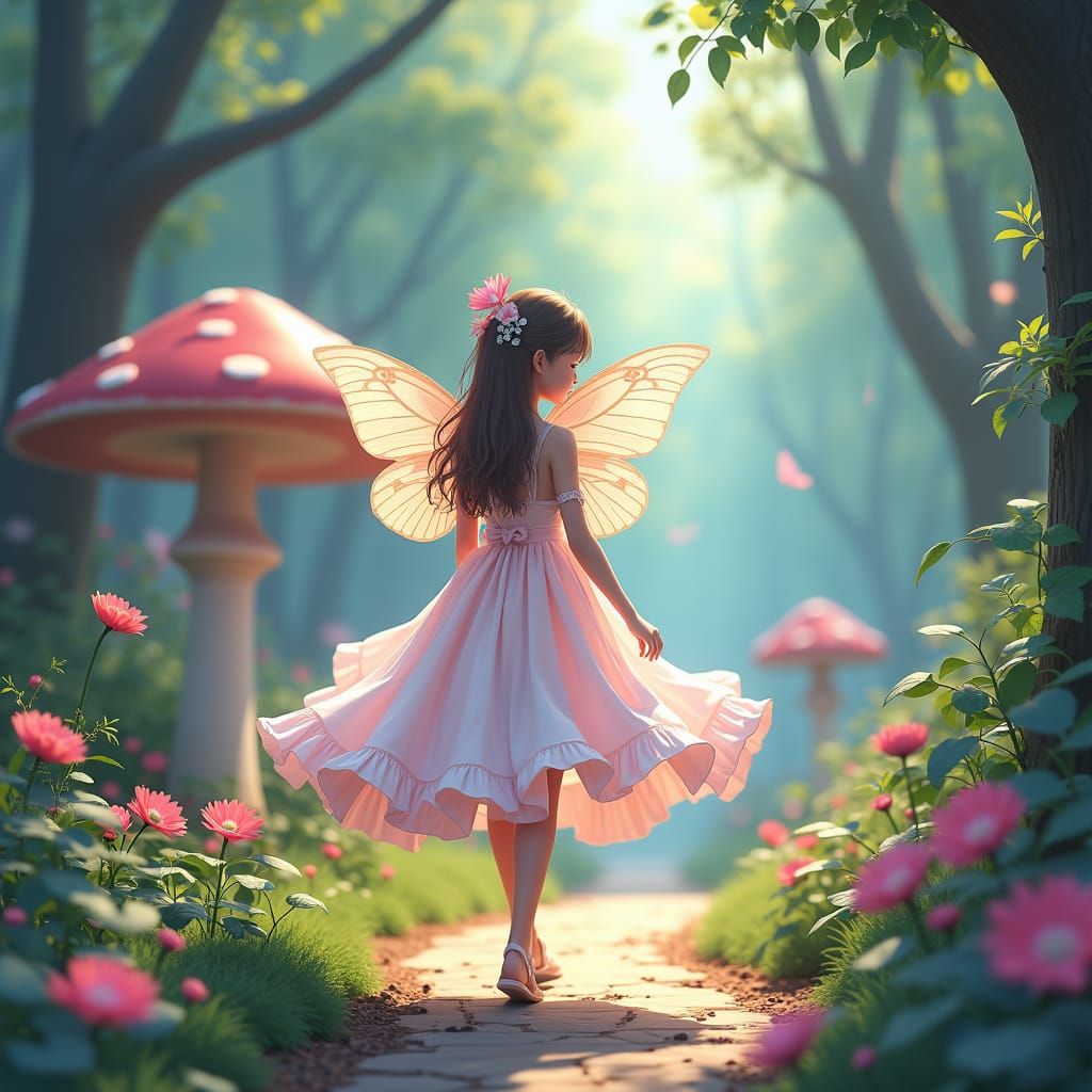 Butterfly Girl on Mushroom Path in Anime Style