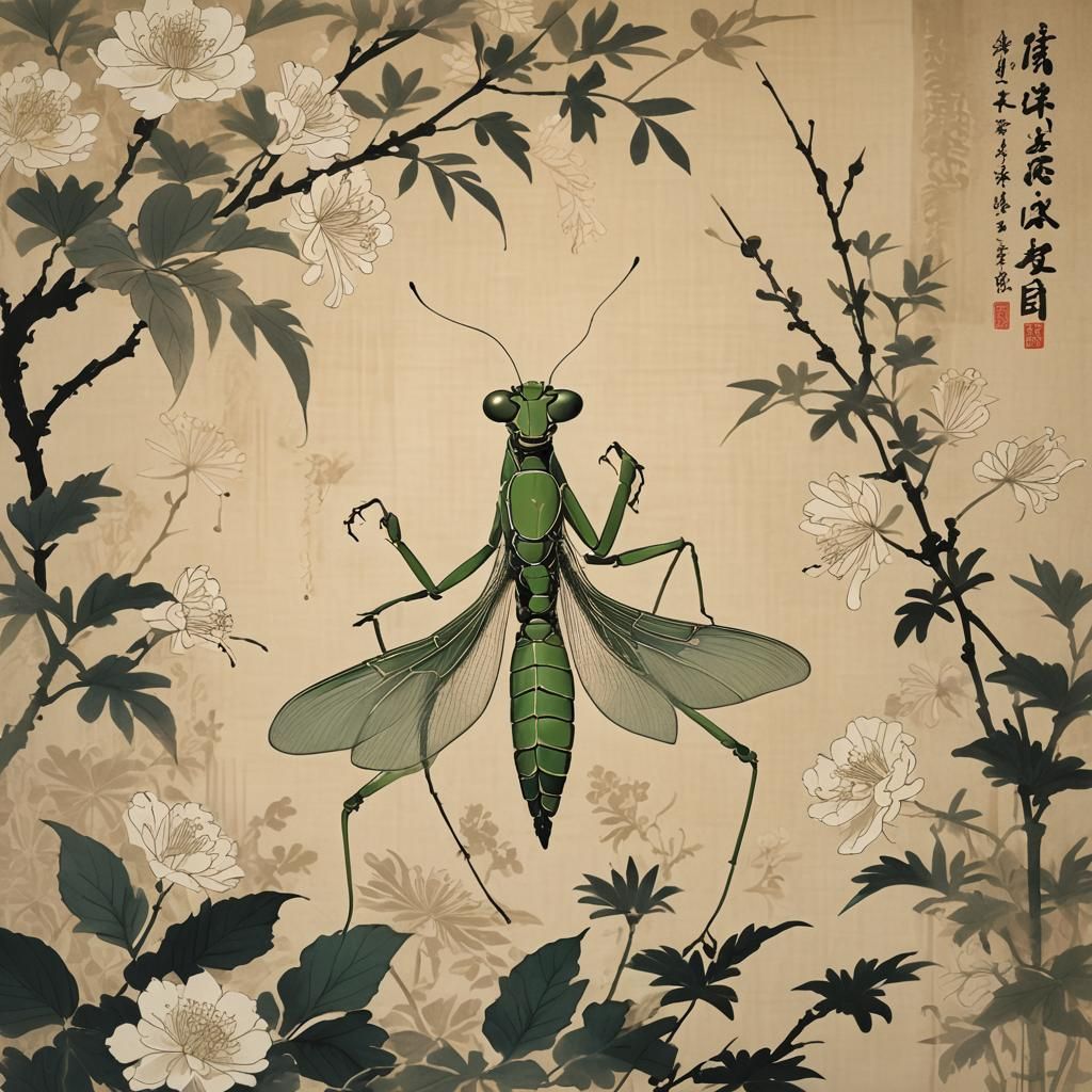 Praying Mantis with Brush in Japanese Art Style
