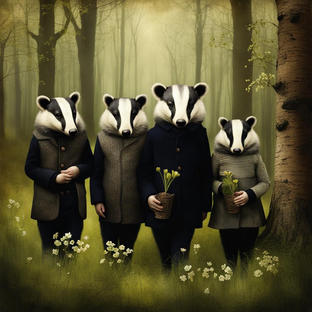 Badger Family in Spring Woods, Digital Illustration