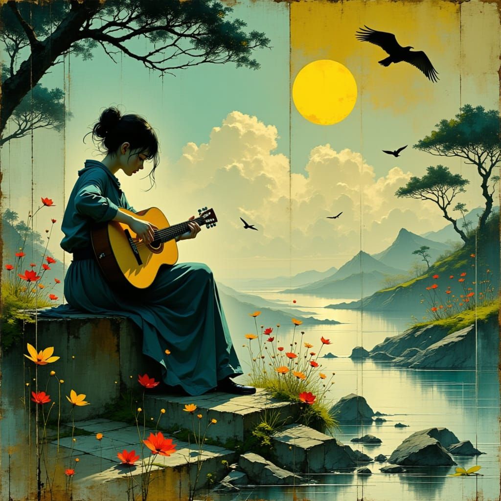 Ethereal Guitarist by Moonlit Stream