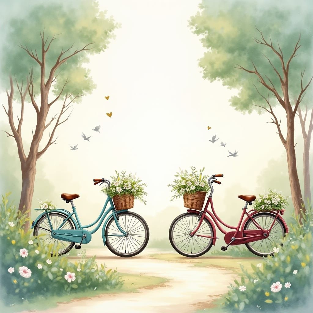 Vintage Bicycles in Whimsical Watercolor Wedding Scene