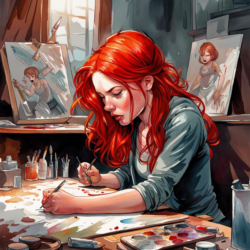 Red-Headed Artist Concentrates on Watercolor Painting