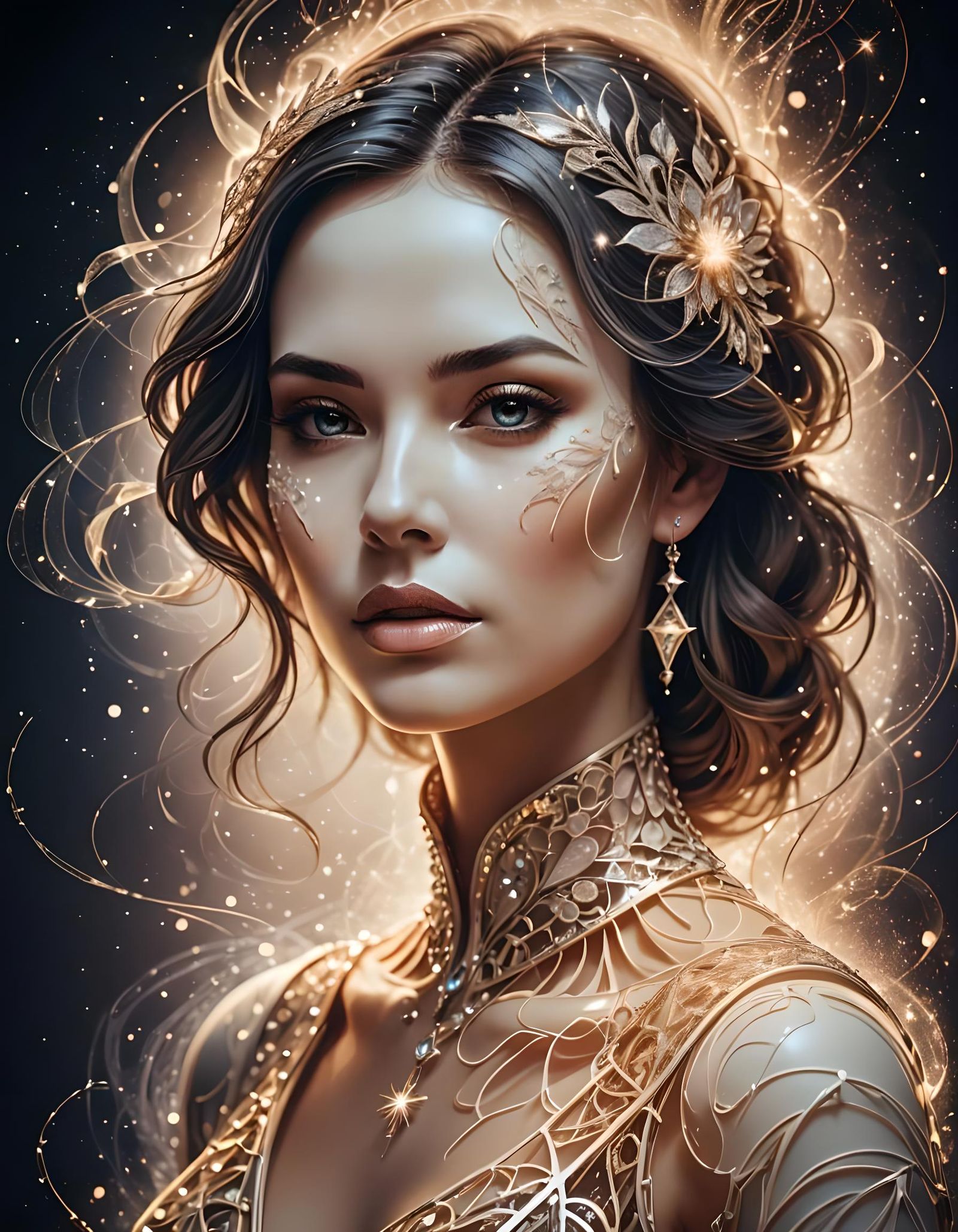 Ivory Woman Portrait with Luminous Magic and Spectral Smoke