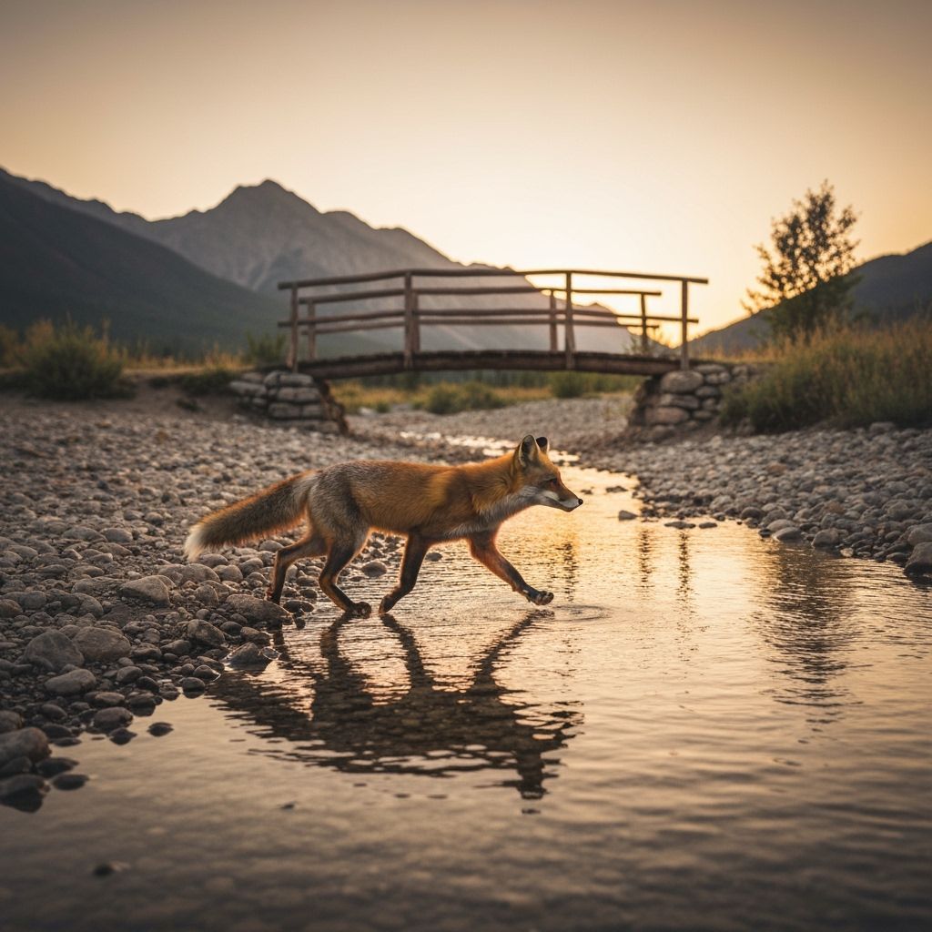 Fox at Sunset Over Creek in Vintage Style