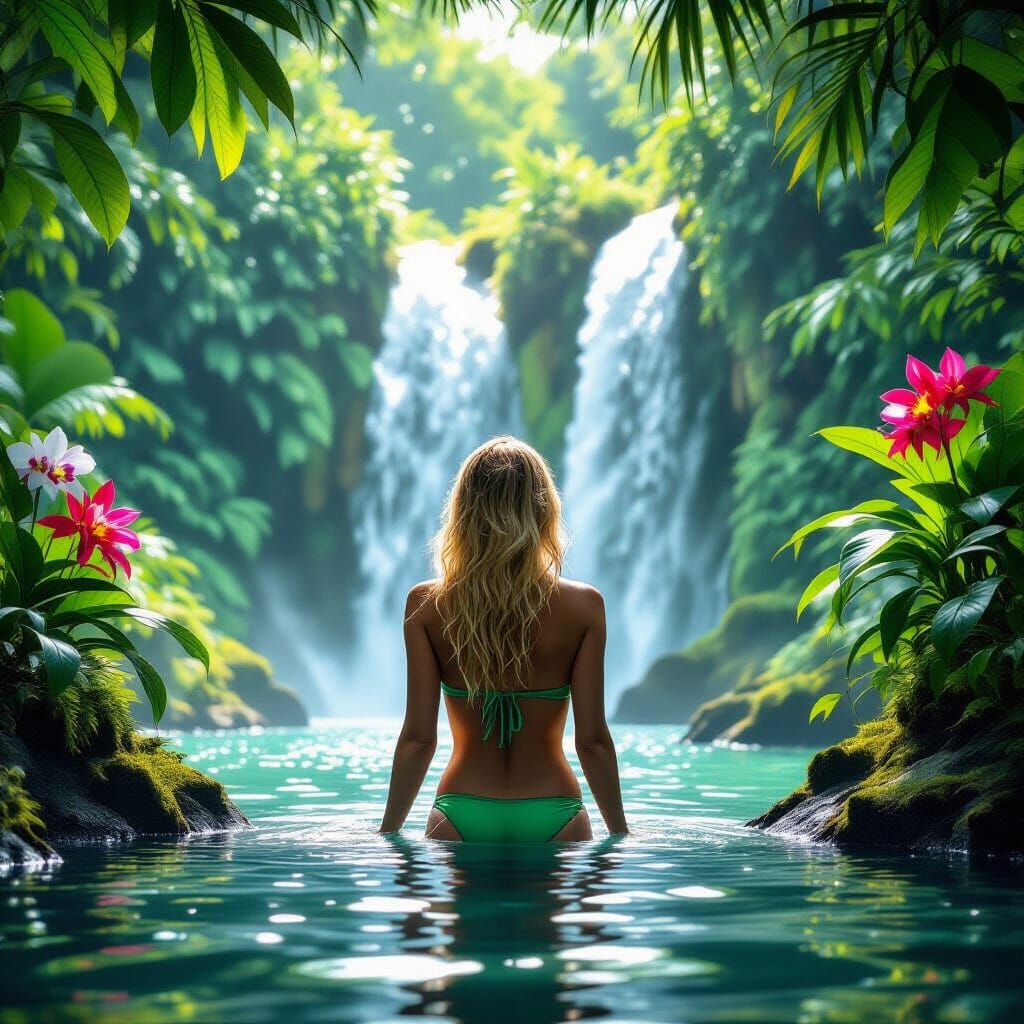 Colombian Woman Showers Under Jungle Waterfall