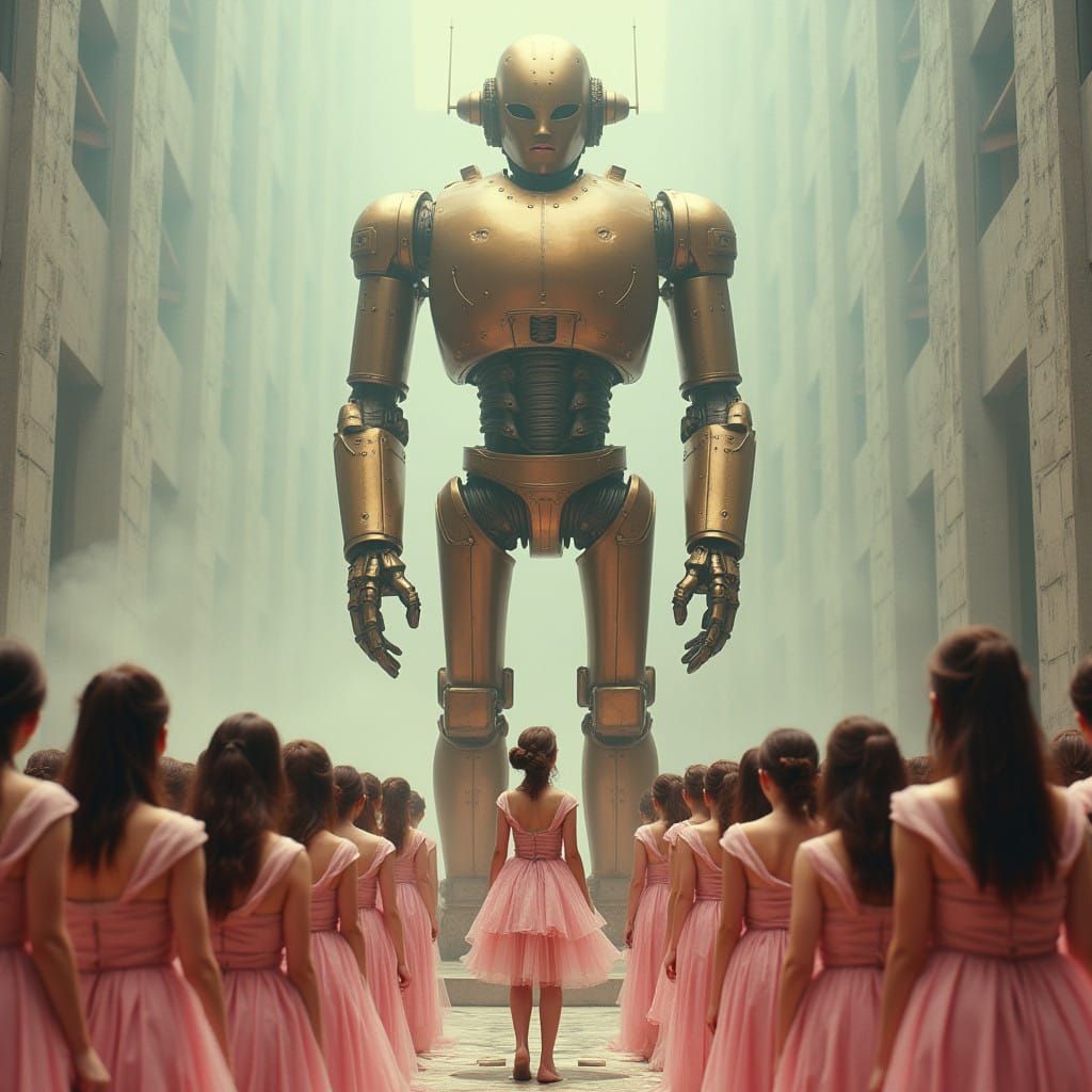 Giant Bronze Robot Goddess Amidst Kneeling Devotees