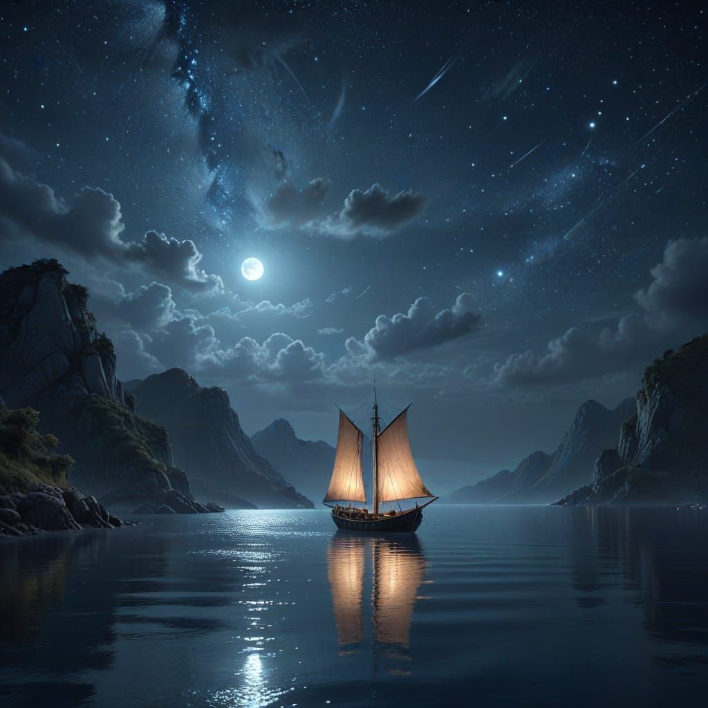 Serene Night Sailboat on Starry Sea