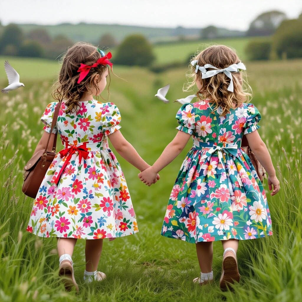 Girls in Floral Dresses in Grassy Field