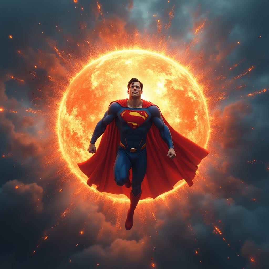 Superman Crashes into the Blazing Sun in a Vibrant, Detailed...