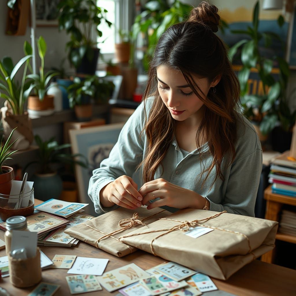 Artist Wrapping Artwork in Cozy Studio