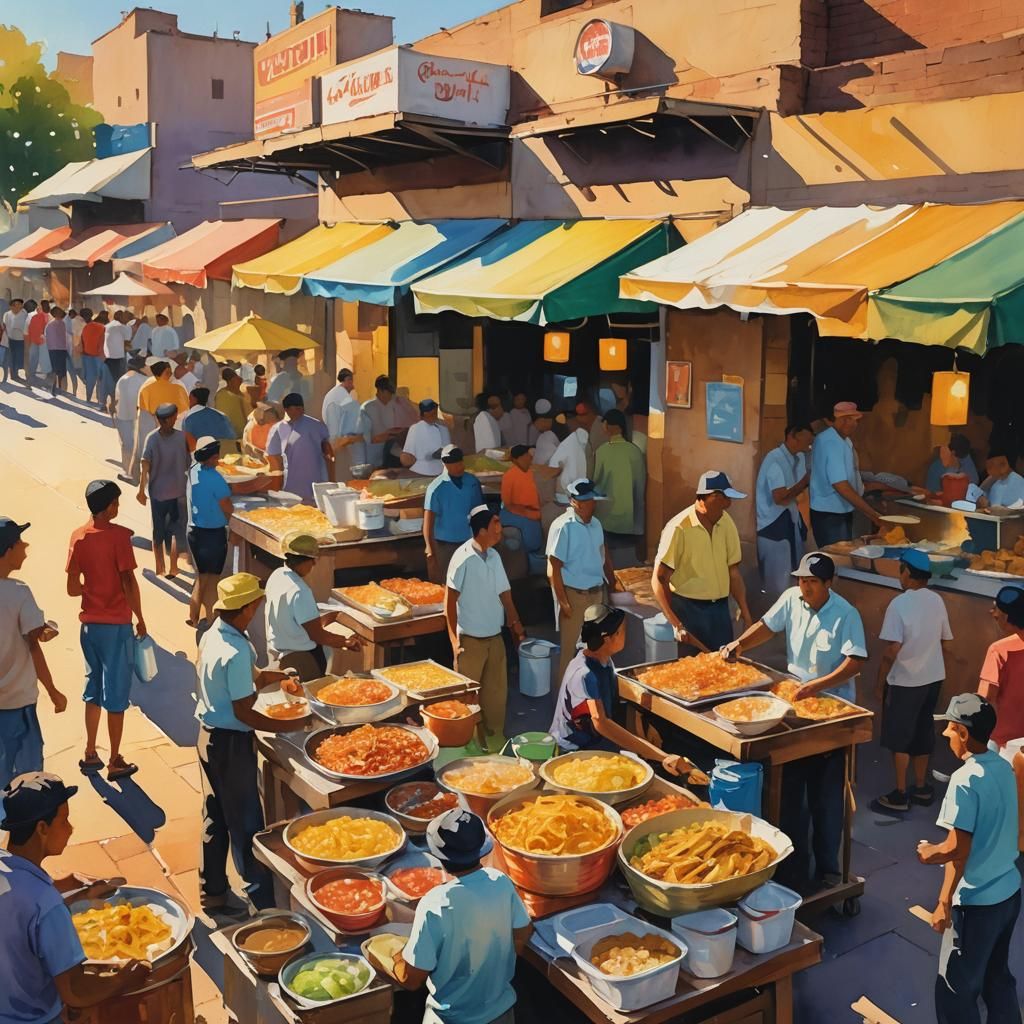 Street Food Vendors in Gouache Watercolor Style