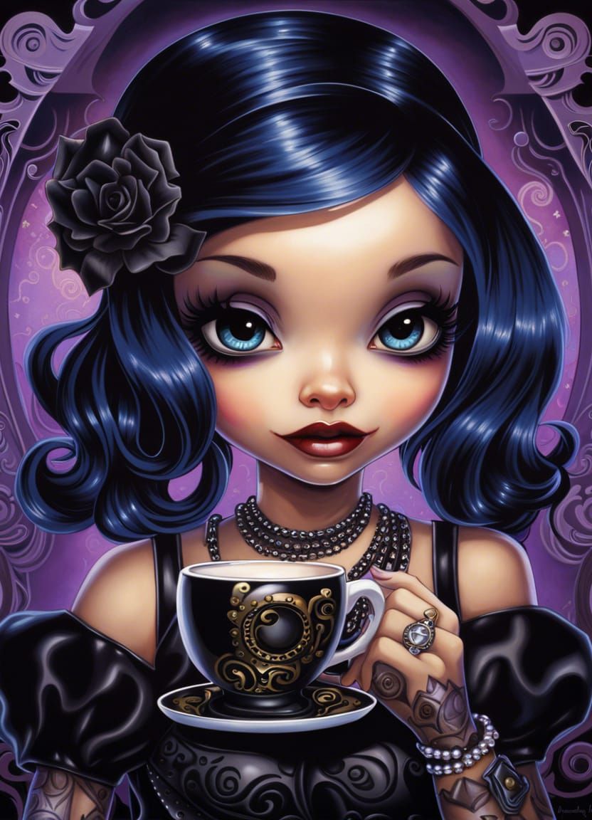 Anime Portrait of Raver Goth Girl with Coffee