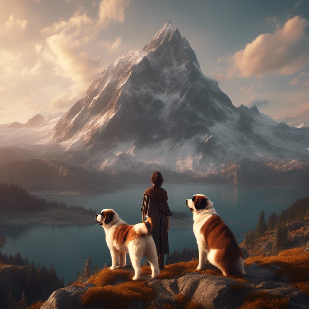 Saint Bernard and Man Overlooking Mountains