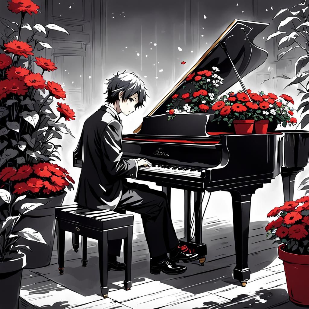 Monochrome Pianist with Red Flower Pot in Anime Style