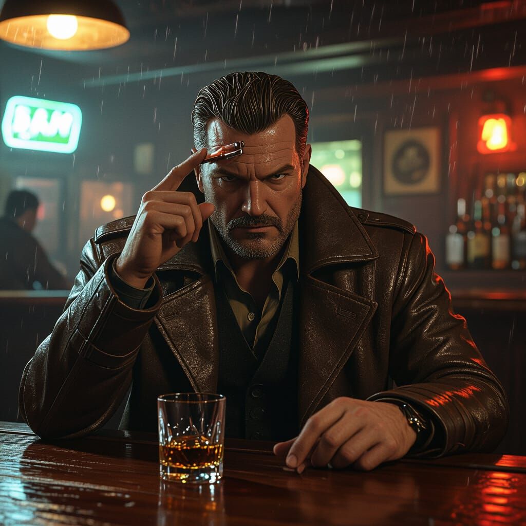 Sheriff in Dimly Lit Bar, Futuristic Noir Digital Art