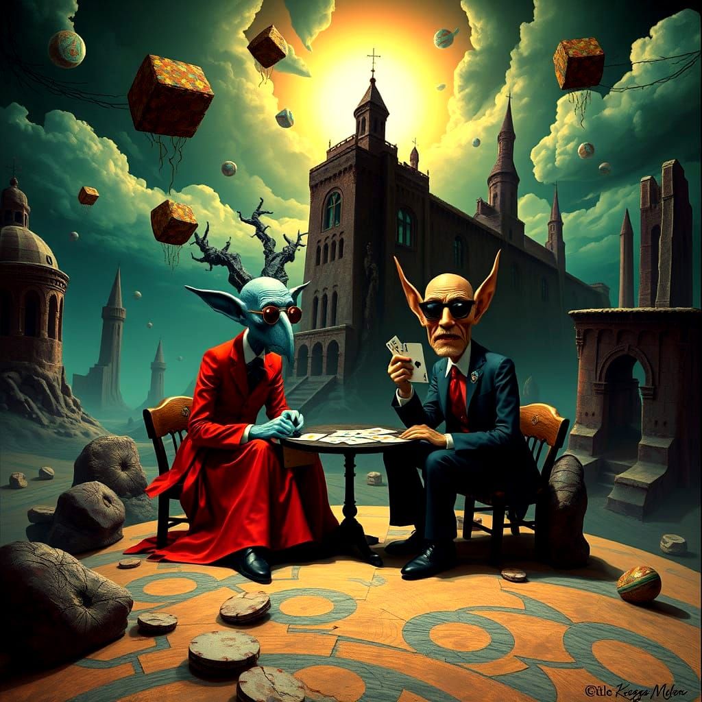 Surreal Scene: Weirdo and Geek Play Cards Together